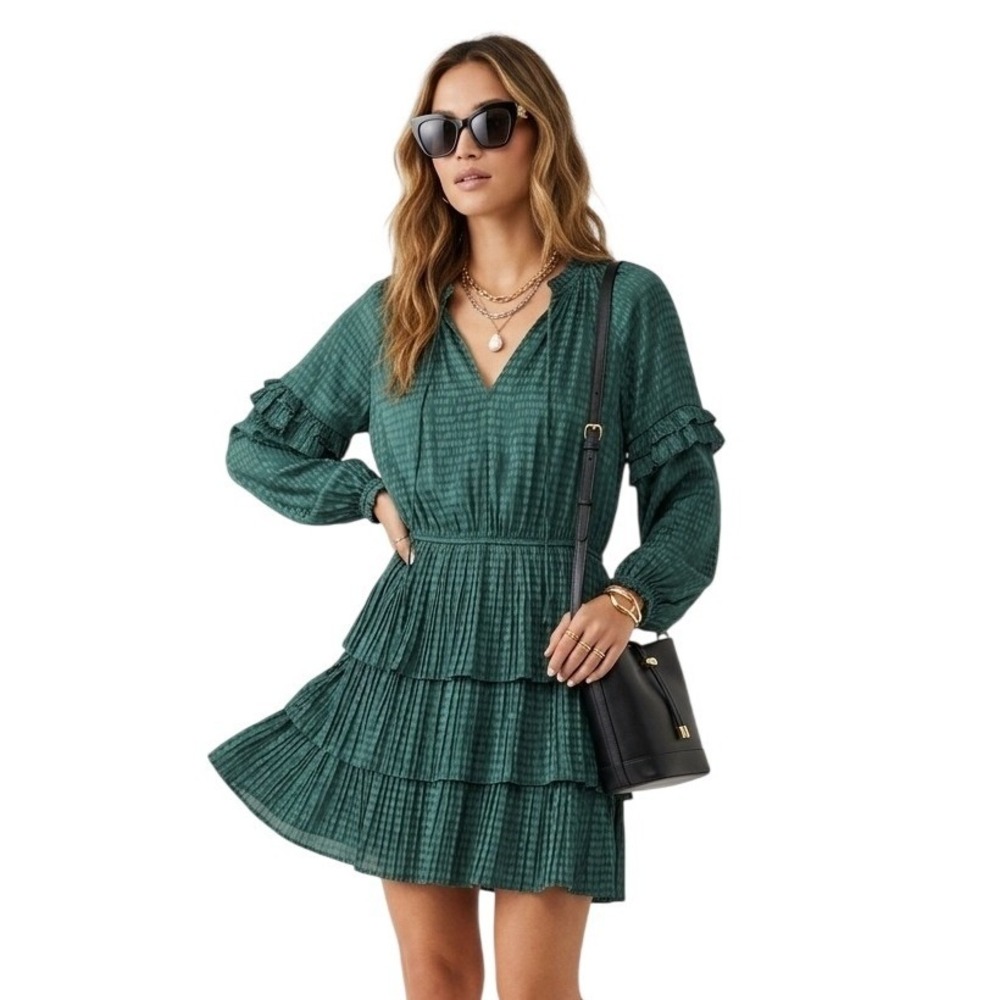 Anthro Current Air Jacquard Satin Ruffle Mini Dress Green XS